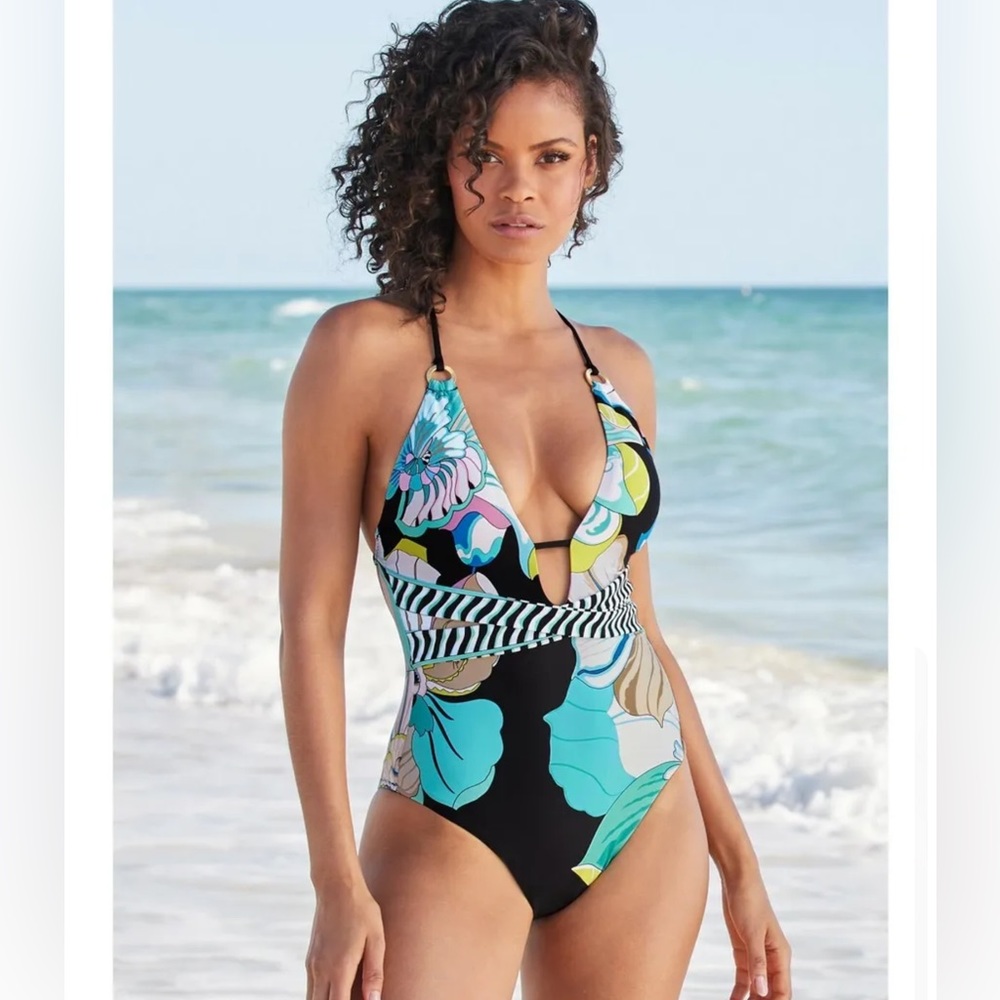 Trina Turk Sintra Flora Plunge One Piece Swimsuit Women's 14 NWT